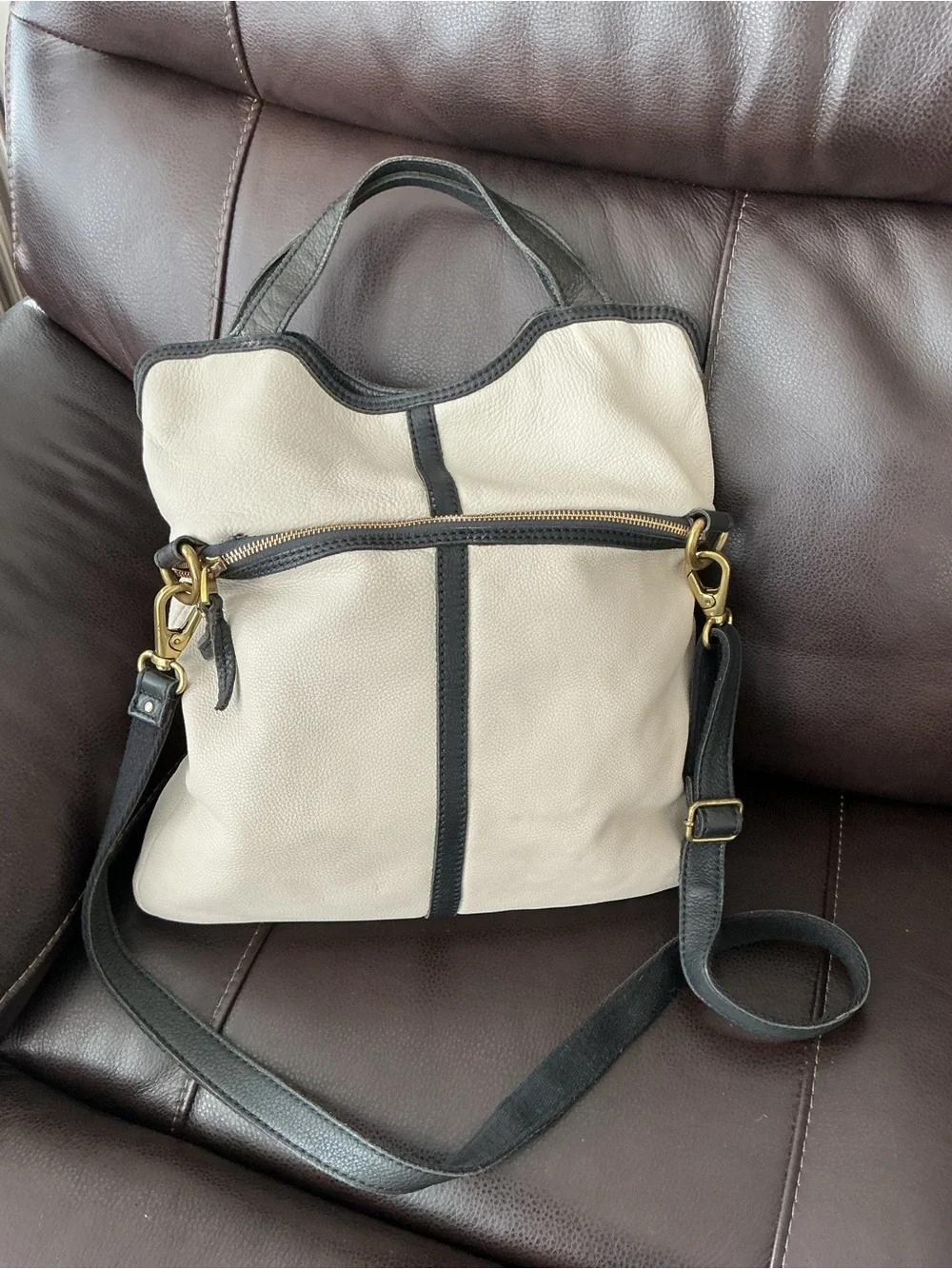 Fossil ERIN Ivory/Tan/Black Leather Hobo Satchel Bag
